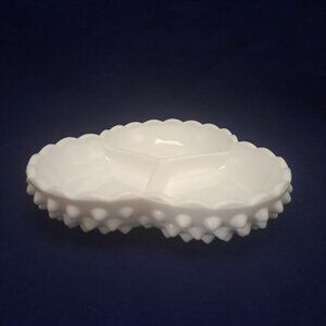 Vintage Fenton Hobnail Scalloped Milk Glass 3-Section Divided Relish Candy Dish